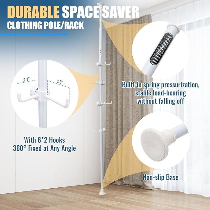 Corner Coat Rack - 12 Hook Tension Rod Plant Stand Stainless Steel Organizer for Coats, Towels, Plants & More, No Drilling, Height Adjustable, White
