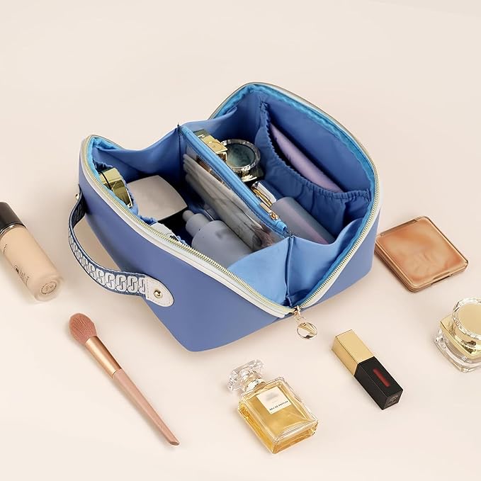 Prite Makeup Bag for Women Travel Waterproof Vegan Leather Cosmetic Bag Open Flat Toiletry Bag With Clear Divider and Handle (Blue, Medium)