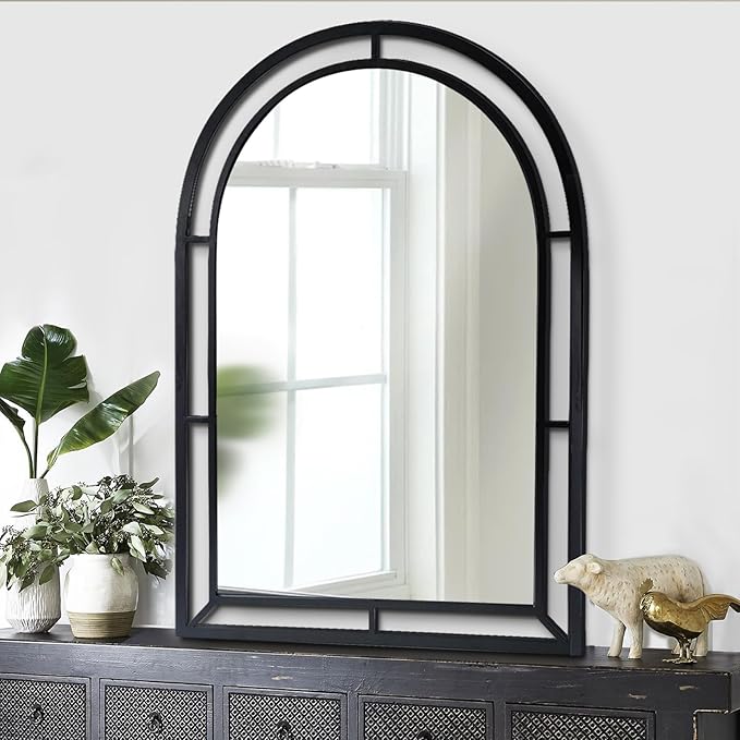 WAMIRRO Concise Window Arched Mirror,Decorative Black Window Pane Mirrors Decor for Fireplace/Entryway/Hallway/Living Room/Bathroom 28"X40"
