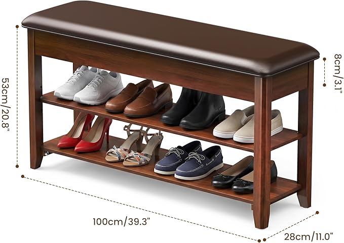 LBT Shoe Bench with Storage, Solid Rubberwood Shoe Rack Bench for Entryway, Adjustable 6.3" Shelf Fits High-Top Shoes & Boots, Hidden Storage Compartment, Cushion Seat, Stay-Open Hinge, Walnut