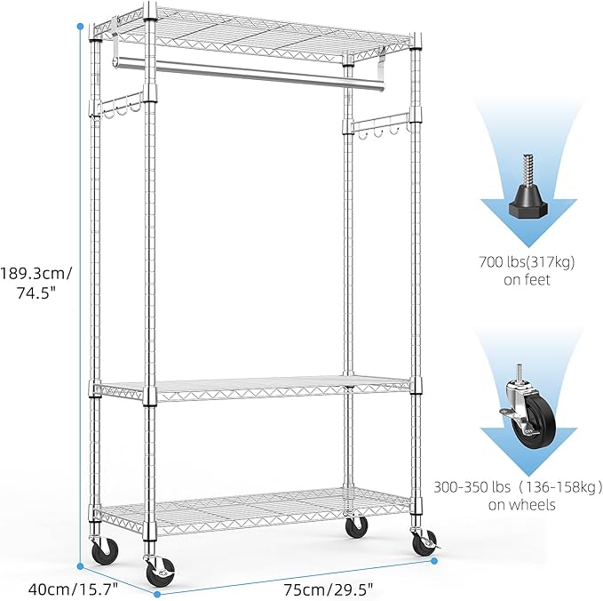 M MZG Heavy Duty Rolling Garment Rack 3 Tiers Adjustable Wire Shelving Clothes Rack with Rods and Side Hooks,Storage Closet Clothing Rack with Wheels Chrome 15.7" D x 29.5" W x 74.5" H