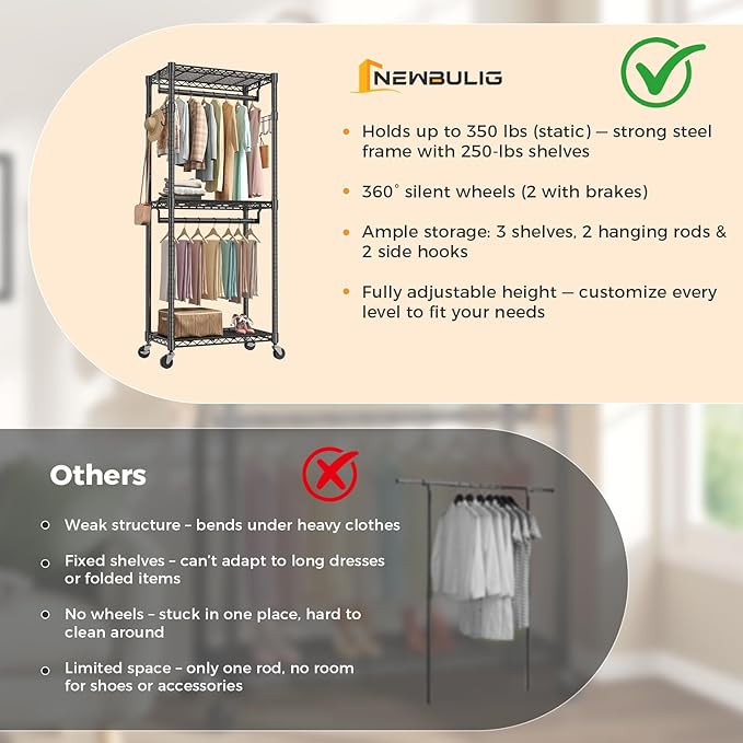 NEWBULIG Heavy Duty Adjustable Clothes Rack with Wheels, Adjustable Rolling Metal Freestanding Garment Closet Organizer with Double Rods & 2 Side Hooks for Hanging Clothes, 29" x 15" x 75", Black