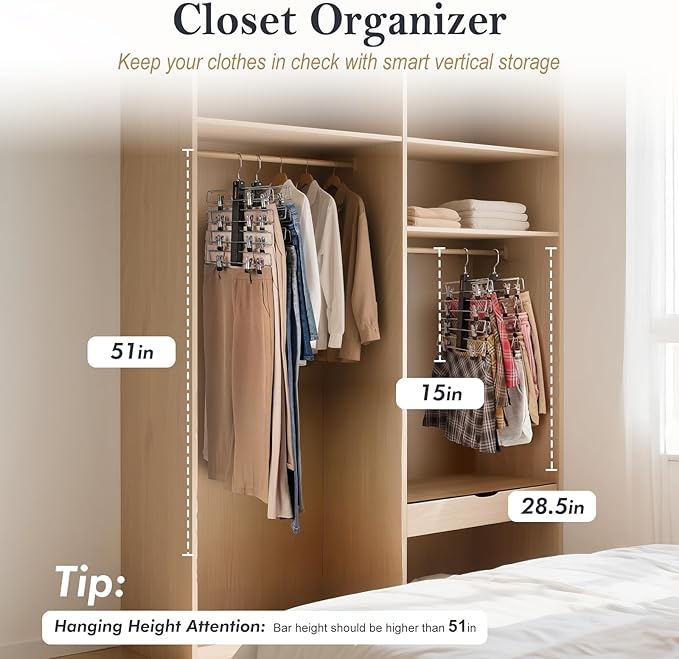 HOUSE DAY Skirt Hangers Space Saving 1 Pack, Double Row 4-Tier Non-Slip Hangers with Clips for Skirts, Shorts, and Pants - Lotus Wood Clip Hanger for Women - Closet Organizers and Storage (Black)