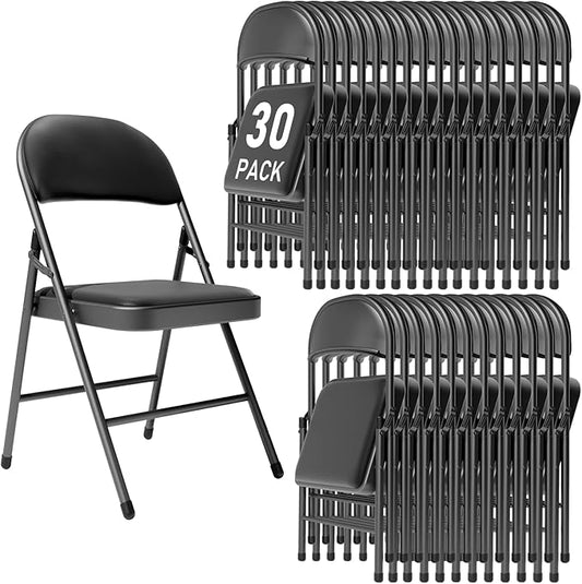 30 Pack Black Folding Chairs with Padded Cushion and Back for Outside Portable Stackable Commercial Foldable Chairs with Steel Frame for Events Office Wedding Party, 350lbs Capacity