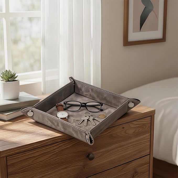 Valet Tray Desktop Storage Organizer – Vegan Leather Catchall Bedside Vanity Tray Nightstand Caddy Holder for Remote Controller, Watch, Keys, Phone, Wallet, Coin, Jewelry, Stone Gray Brown