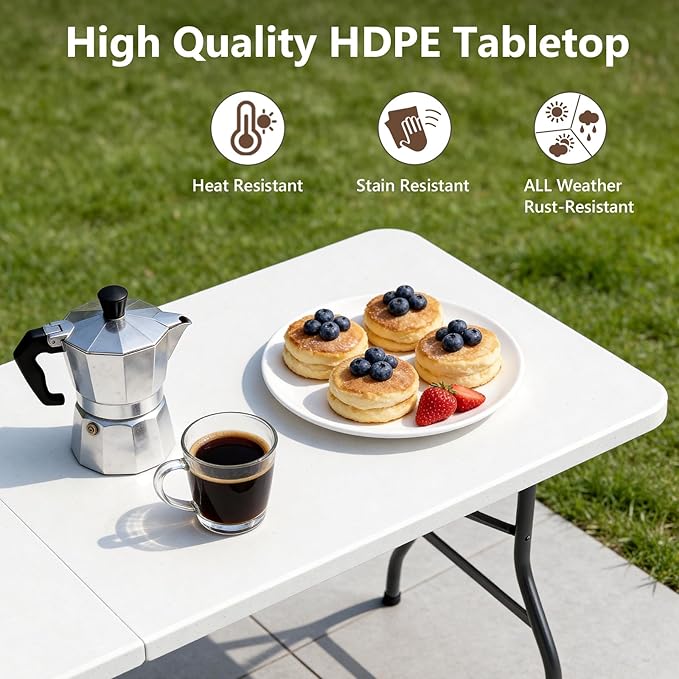 Folding Table 2 Pack, 5 FT Foldable Plastic Table with Carrying Handle, Heavy Duty Portable Fold-in-Half Utility Table for Party, Camping, Banquet, Craft, Wedding, Indoor & Outdoor Use