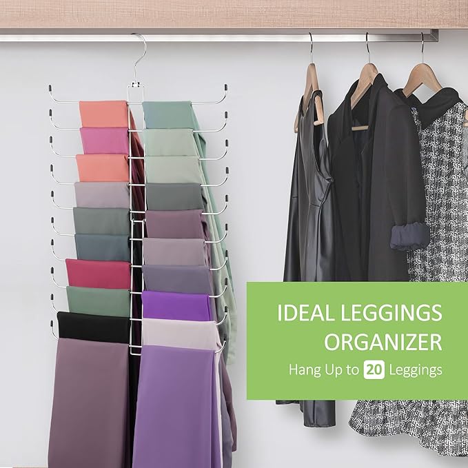 Legging Hanger, Metal Hanging Legging Hangers for Closet Organizer Holds 20 Women's XS-XL & Girls' Leggings, 360° Rotating Foldable Yoga Pants Hangers Space Saving, Silver