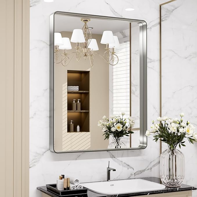 LOAAO 24X32 Inch Brushed Nickel Bathroom Mirror, Rounded Rectangle Silver Metal Frame Mirror, Brushed Nickel, Anti-Rust, Shatter Proof, Hangs Horizontally or Vertically