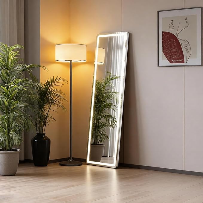 NEWBULIG 60"x16" Full Length Mirror with Light, 3 Color Lighting Full Body Floor Mirror with Aluminum Alloy Thin Frame, Wall or Standing Mirror for Bedroom, Living Room, Dressing Room, White
