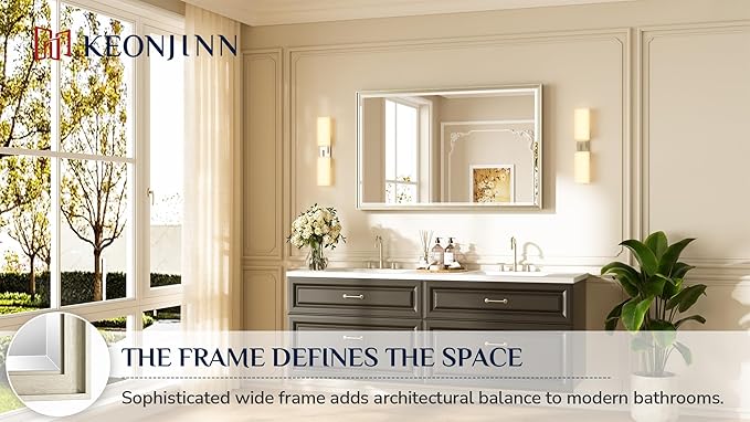 Keonjinn 48" x 30" Brushed Nickel Bathroom Mirrors for Over Sink, Aluminum Alloy Wide Frame, Safe Tempered Glass with Beveled Edge, Shatterproof, Silver Bathroom Vanity Mirror(Vertical/Horizontal)