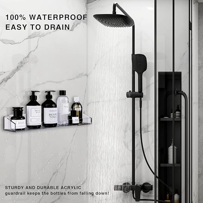 Bakzon Acrylic Shower Shelves 2 Pack – No Drill Adhesive Acrylic Bathroom Shelves, Heavy Duty Shower Caddy Holds 20 lbs, Clear Wall Mounted Shower Organizer for Inside Shower