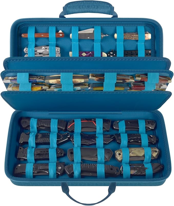 Knife Display Case for 64+ Pocket Knives, Butterfly Knife Storage Box, Folding Knives Organizer Holder, Knives Collection Organized Carrier for Survival, Tactical, Outdoor, EDC Mini Knife - Dark Blue