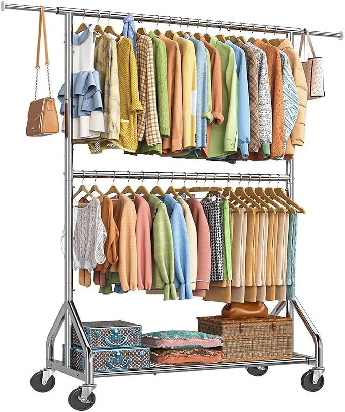 Simple Trending Heavy Duty Clothes Rack, Double Rod Clothing Rack for Hanging Clothes, Rolling Garment Racks with Lockable Wheels, for Bedroom Laundry Living Room, Chrome
