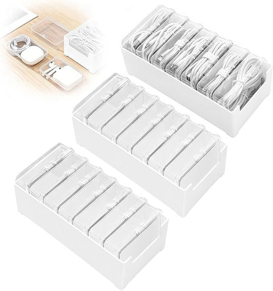 3 PCS Cable Organizer Box with 21 Clear Switch Case, Charger Cord Organizer Box for Home Office Desk Storage Accessories