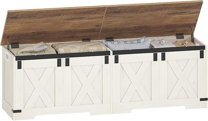 Hzuaneri 59" Storage Chest, Large Storage Trunk with 2 Hinges, Farmhouse Wooden Box Bench, Lift-Top Organizer Chest, Entryway Trunk for Bedroom, Living Room, White and Brown SB15014X