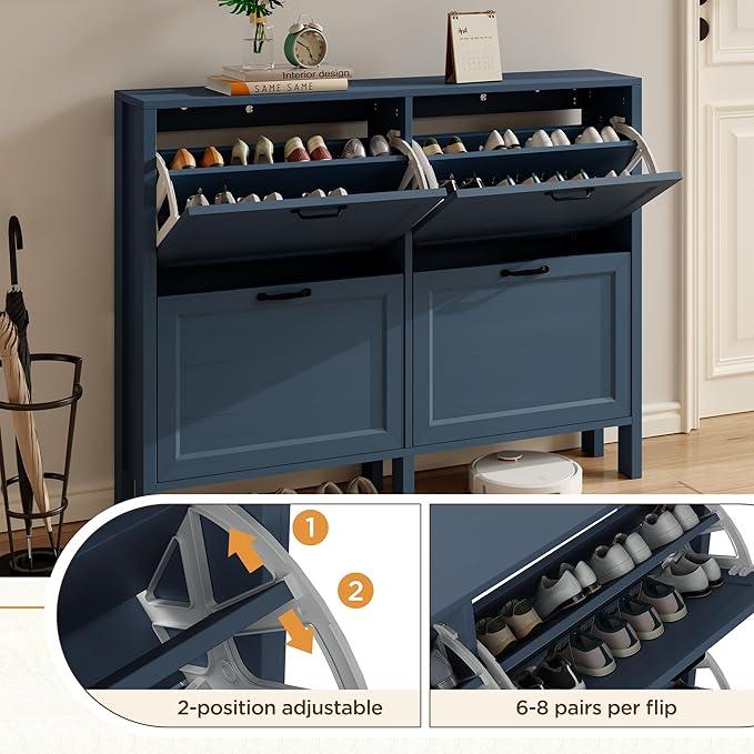 LOUVIXA Shoe Cabinet with 2 Flip Drawers, Narrow Shoe Storage Cabinet, Freestanding Shoe Cabinet Organizer, Hidden Shoe Rack Cabinet for Entryway, Hallway (4-Drawers, Blue)