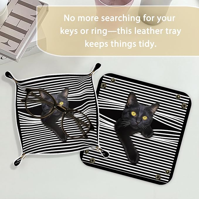 Black Cat Gifts Leather Jewelry Valet Tray,Cat Mom Lovers Gifts for Women PU Leather Catchall Beside Caddy Nightstand Organizer Tray for Jewelry Rings Watches Keys and Accessories,7.8x7.8inch