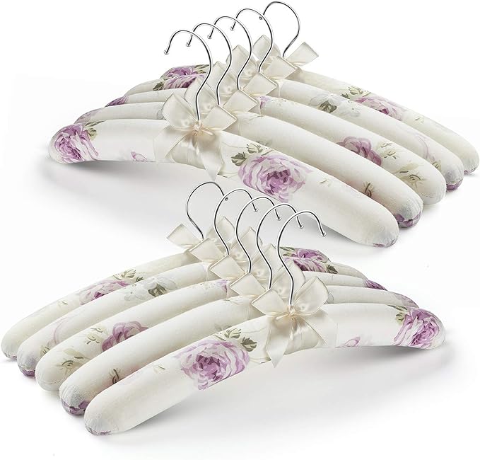 Anti Slip Satin Padded Clothes Hangers for Women Foam Sweater Hangers - Fancy Thick Padded Coat Hanger No Bump Floral Canvas Cover for Adult, Bridesmaid, Wedding Gown Closet (Pack of 10)