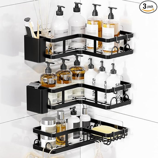 3 Pack Corner Shower Caddy Organizer, Rustproof Corner Shower Shelves, No Drilling Bathroom Corner Shelf with Hooks and Toothpaste Holder