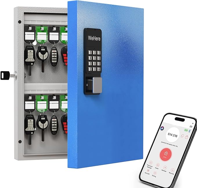 WeHere 32-Key Smart Key Lock Box, Wall-Mount Key Cabinet with Key Management App(Track Key Borrow/Return), Keypad, Bluetooth & WiFi Unlock (Sold Separately) for Commercial, School, Rental, Office