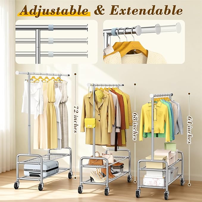 Heavy Duty Clothes Rack with Integrated Shelves Loads 760 LBS, Rolling Clothing Rack for Hanging Clothes, Stainless Steel Garment Rack with Sturdy Wheels Hooks, Portable & Adjustable Coat Rack
