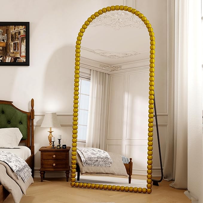 34"x76" Gold Arched Full Length Mirror, Vintage Beaded Decorative Floor Full Body Dressing Mirror as Room Decor Hanging Leaning Standing for Living Room, Bedroom, Vanity Area