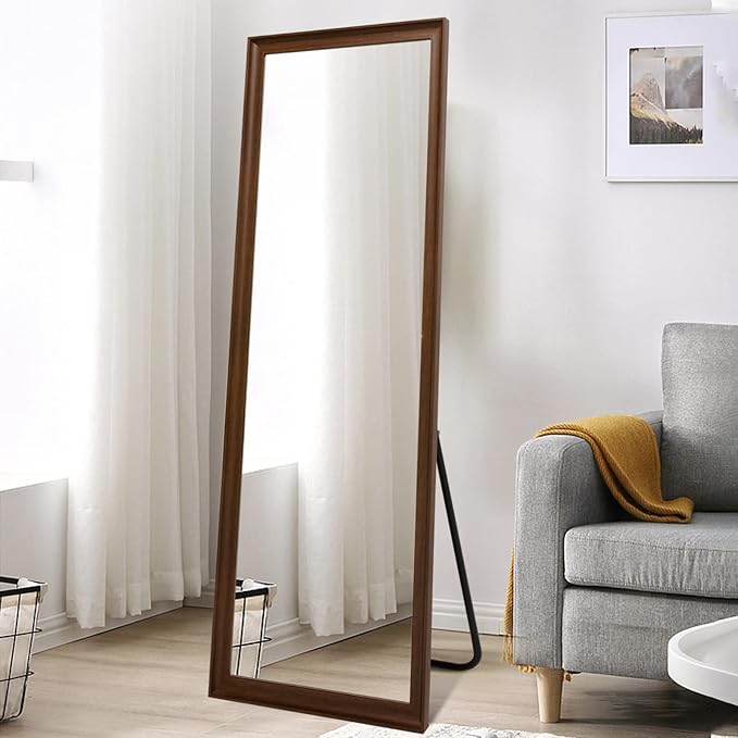 Full Length Mirror Wood Frame, 65x22in Floor Mirror Wall Full Body Mirror with Standing, Leaning Hanging for Bedroom,Living Room, Large Wooden Frame, Walnut