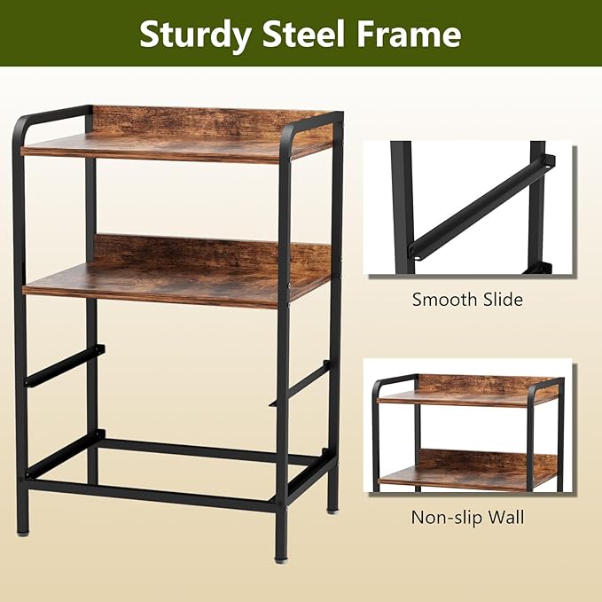 Night Stand with 3 Fabric Drawers, Bedside Table with Wood Top and 2 Tier Shelf, End Table with Storage Drawer Dresser, Small Side Table for Bedroom, Metal Frame, Rustic Brown