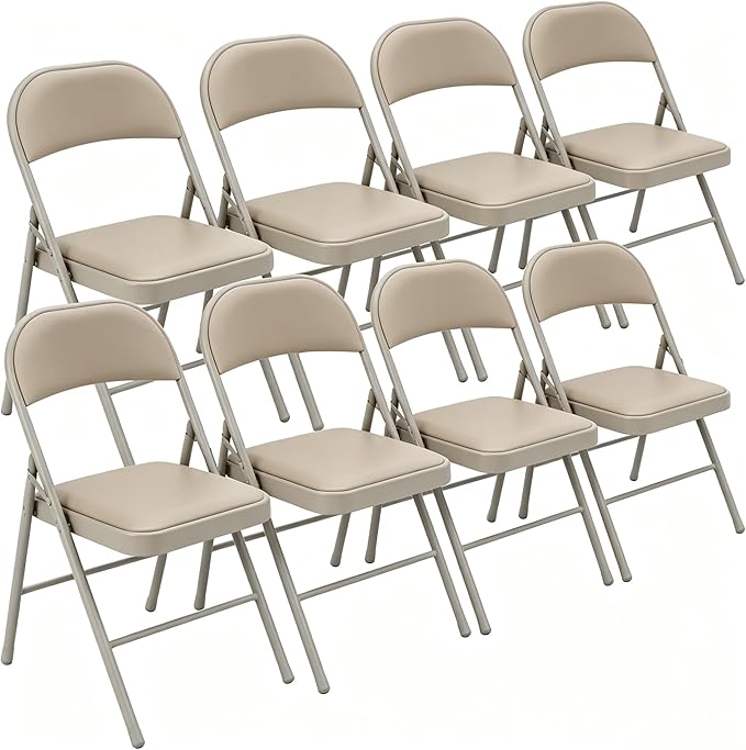 8 Pack Padded Folding Chairs, Portable Metal Foldable Chairs with Cushion, PU Leather Sturdy Indoor Outdoor Seating for Home, Office, Party, Khaki