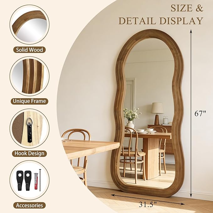 Wavy Full Length Mirror, 67"x31.5" Organic Floor Mirrors with Triple-Layer Solid Wood Frame, Large Irregular Aesthetic Mirror for Living Room Entryway Hallway Cloakroom, Leaning/Hanging