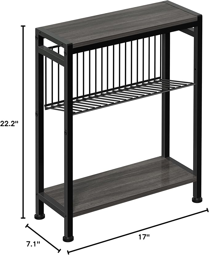 End Table for Small Space, 3-Tier Narrow Side Table with Magazine Holder,Slim Nightstand, Skinny Snack Couch Table in Living Room, Bedroom Study and Balcony (Grey)