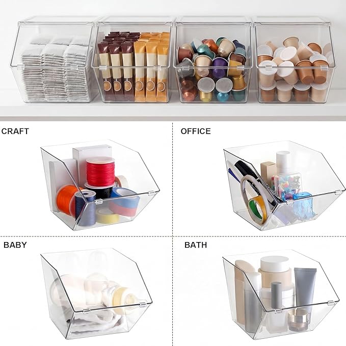 Yerliker 6 Pcs Clear Plastic Storage Bins with Lids Stackable Pantry Storage Organizer Kitchen Cabinet Organizers Ideal Containers for Coffee Pod Tea Sugar Bag Cabinet Home (Extra Large)