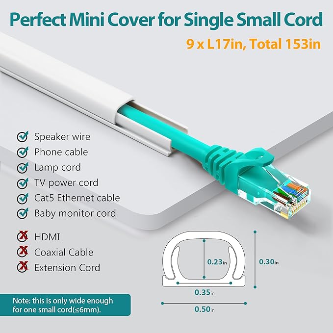 One Cord Cover Wall 153in(9X L17in) - Mini Wire Hider, Wire Cover for Hiding Speaker Wire, Baby Monitor Cord - Paintable Wire Channel for Cable Concealer, W0.5in H0.3in, CMR05 Black