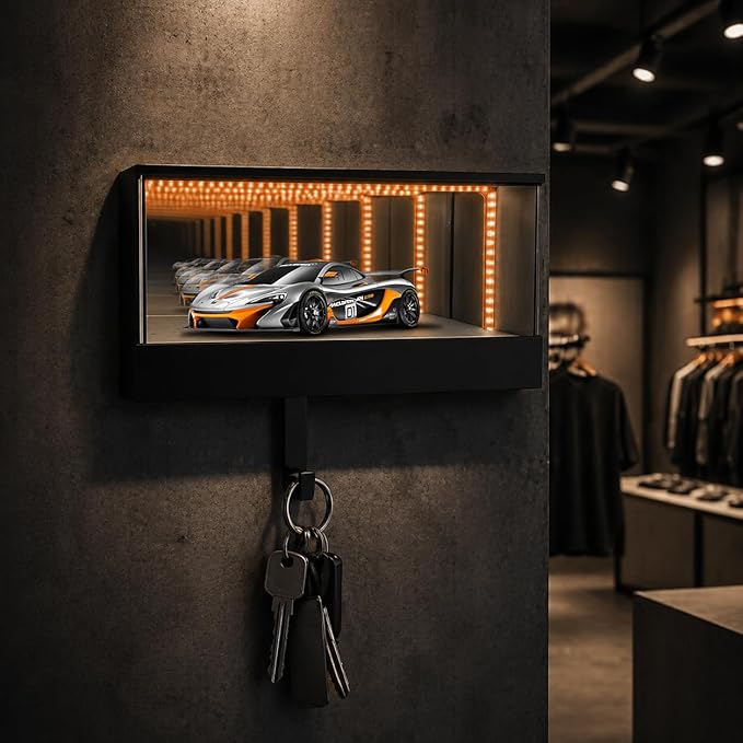 Infinity Mirror LED Car Key Holder for Wall, Magnetic Auto-Sensing Key Hanger for Garage, Modern Wall Mount Key Rack Display Organizer for Car Lovers, Entryway & Garage Decor