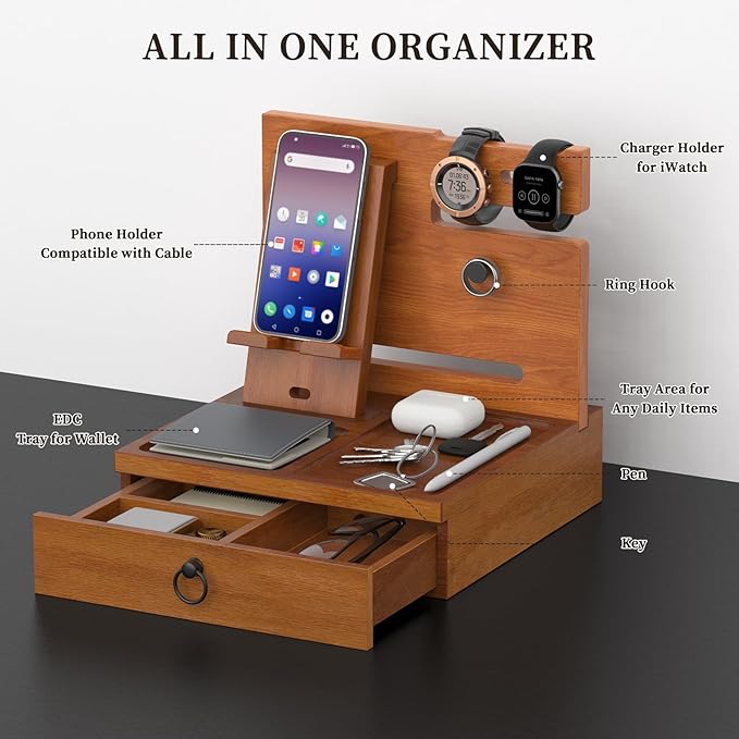 upcessory Nightstand Organizer, Wood Bedside Organizer Docking Station, Gifts for Men, Nightstand Drawer Organizer for Cellphone, Watch, Sunglasses & Accessorie