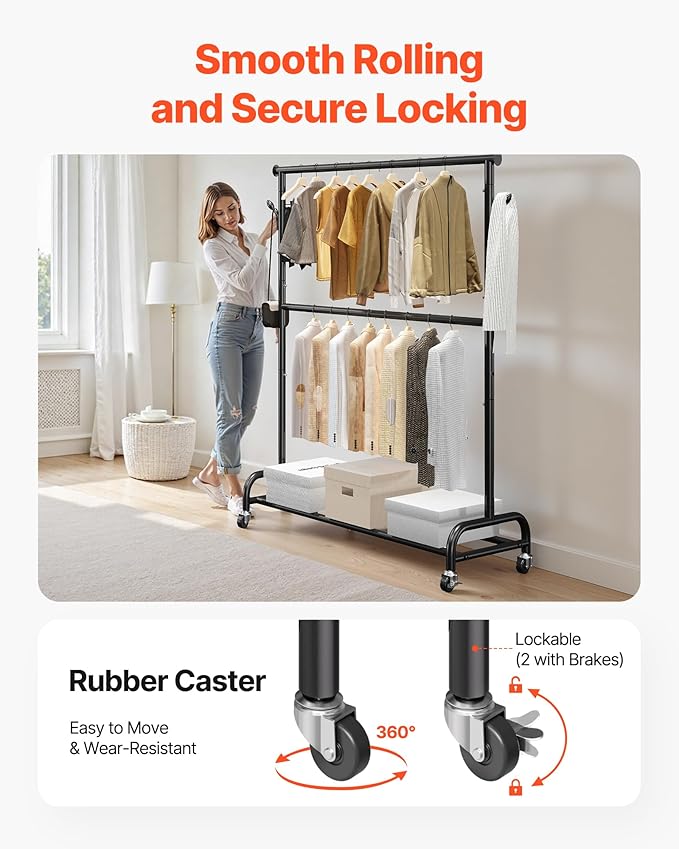 VEVOR Clothes Rack, Rolling Clothing Garment Rack with Adjustable Crossbar and Side Hooks, 150 lbs Load Capacity, Heavy Duty Carbon Steel Clothing Racks with Wheels for Bedroom, Laundry, Living Room