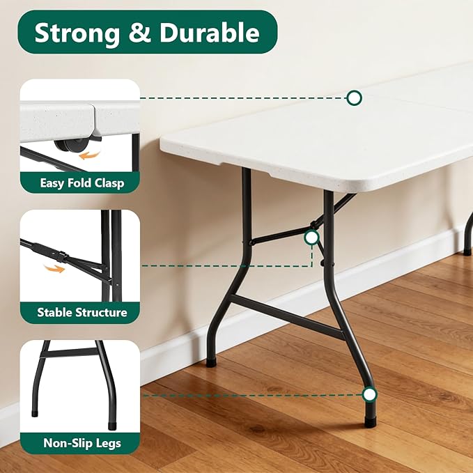 Folding Table 2 Pack, 6FT Folding Table Portable with Built-in Handle, Heavy Duty Plastic Table with Steel Legs Supports to 300lbs, Suitable for Party, Camping, Events Indoor&Outdoor Use, White