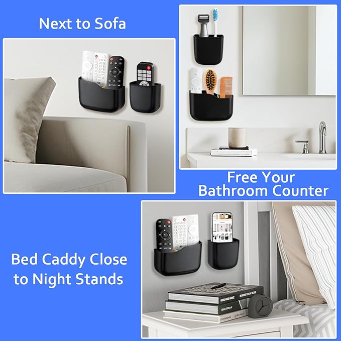Remote Holder Wall Mount TV FAN Remote Control Holder Bedside Caddy Wall Organizer Phone Holder for Office Adhesive Media Player Controller Holder Box Tray Home Desk Nightstand 1 BIG 2 SMALL BLACK