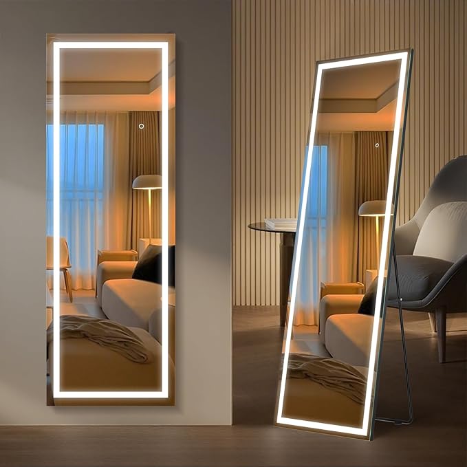 Kosmonia 59x16 Frameless Full Length Mirror, Dimmable 3 Color LED Light w/Memory Function, Distortion Free, HD Reflection & Anti Desilvering, Tempered Glass, Easy Setup w/Stand, Wall/Standing