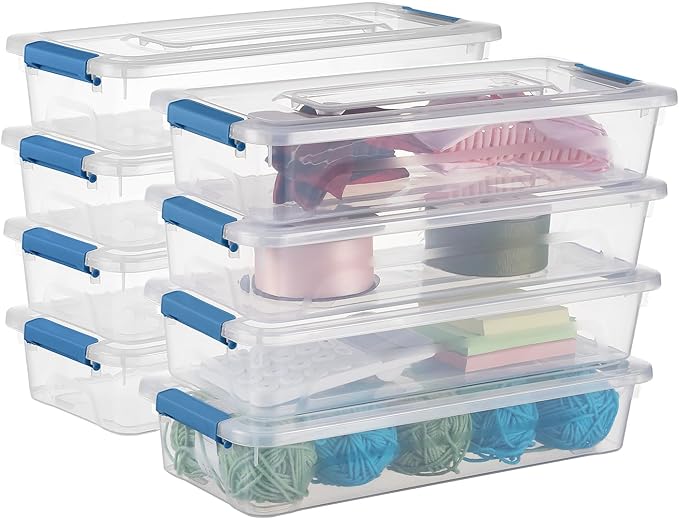 Plastic Storage Containers Clear Craft Storage Bins with Grey Handle,Organizer Box with Durable Lids Stackable Containers for Organizing Craft and Tools (8 Pack-4 Quart Blue)