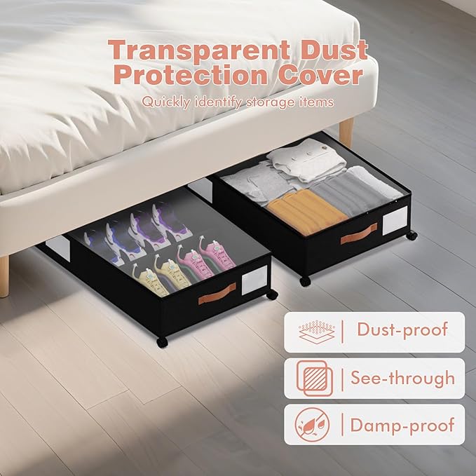 Under Bed Storage 2 Pack 66L for Dorm & Small Apartment - Rolling Containers with Wheels & Clear Lid, Metal Frame, Adjustable Dividers for Clothes/Shoes/Blankets, Easy Roll & See Inside, Black