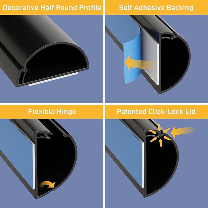 D-Line 15.7in TV Cord Hider, Patented Half Round Cable Cover, Hide Wall Mount TV Wires, Hinged One-Piece Cable Concealer, Adhesive, Decorative Raceway - 1.18in W x 0.59in H x 15.7in L - Black
