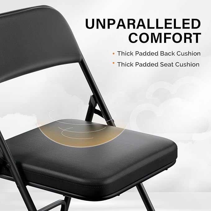 VINGLI Padded Folding Chairs with Thick Seat Cushion, Portable, Durable & Extra Comfortable Foldable Chairs for Indoor & Outdoor Events, Banquet, Party, Dinning, Work, Craft, PU, Black, 4 Pack