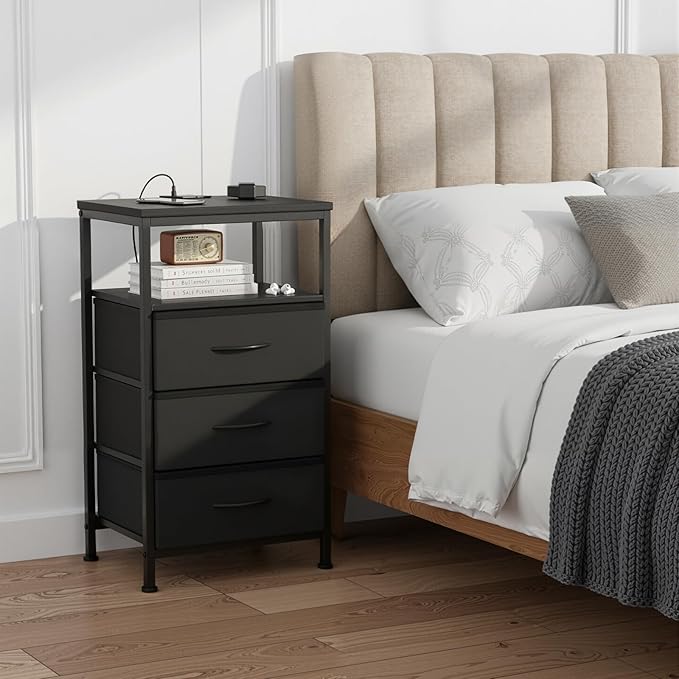 DUMOS Nightstand with Charging Station, Bedside End Table with 3 Fabric Drawers & USB/Type-C Ports and Outlets, Night Stand for Bedroom Furniture, Adjustable Feet and Variable Light Strip, Black