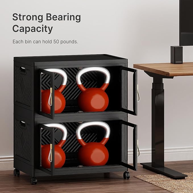 UAMFURI Stackable Storage Bins with Lids, Clear Doors, Large Storage Cabinet Foldable Collapsible Closet Organizers for Bedroom Dorm Office (2, Black, 120, Quarts)