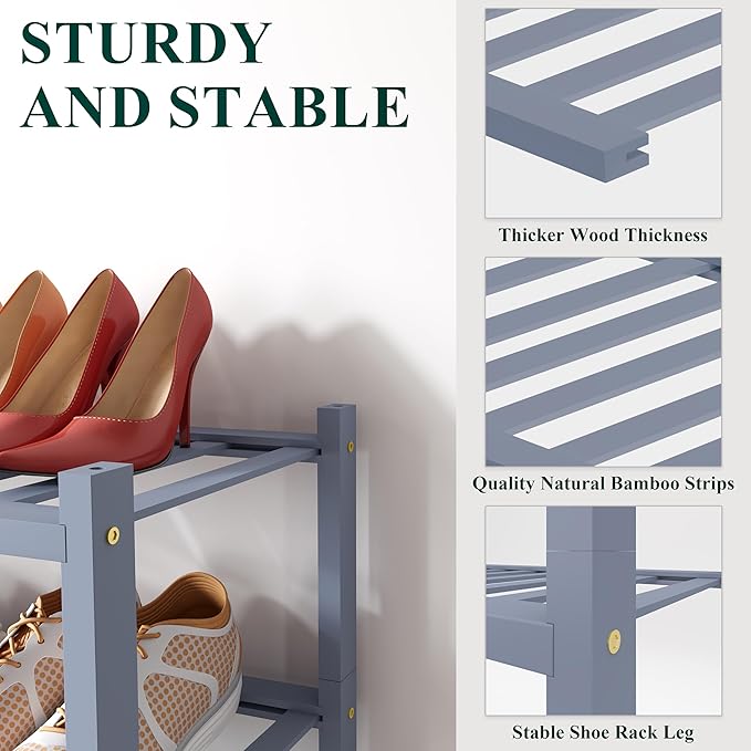 Smiry Small Bamboo Shoe Rack, 5 Tier Free Standing Wooden Shoe Organizer, Stackable Wood Shoe Storage Shelf for Closet, Entryway, 12 Vertical Slats, 2+2+1 Stack Standard Legs, 17.3"x11"x32.5", Grey