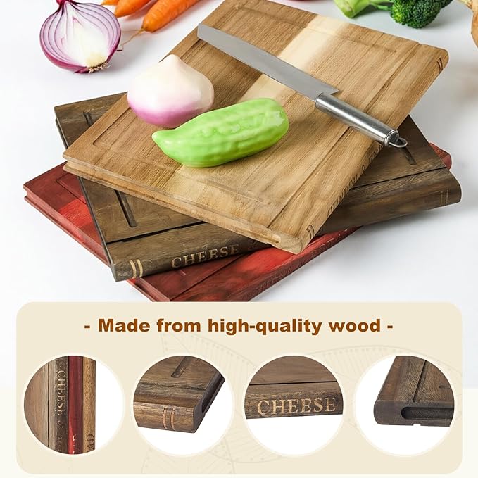 Book Cutting Boards Set,Wood Book Style Cutting Boards With Stand,Wooden Cutting Boards That Look Like Books For Kitchen