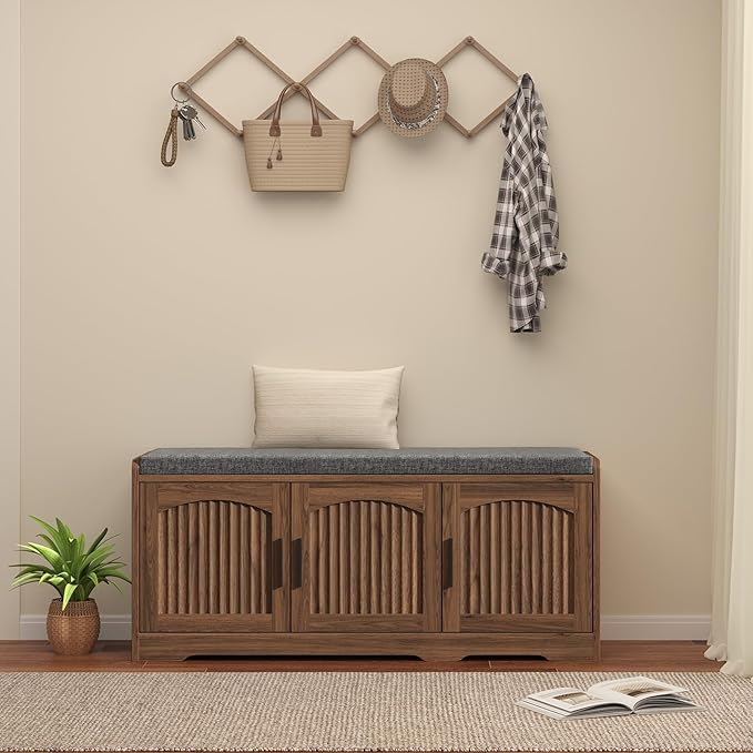 39.4" Shoe Storage Bench with Seating Cushion, Fluted 2-Tier Entryway Bench with 3 Doors & Adjustable Shelves, Shoe Cabinet Bench for Entryway, Hallway, Bedroom and Living Room (Walnut)