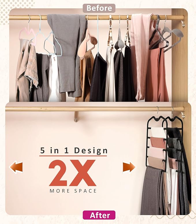 Pants Hangers Space Saving,3 Pack Velvet Short Neck Pants Hangers,5 Tier Space Saving Velvet Hanger,Closet Organizers and Storage Dorm Room Essentials for College Students Girls Guys Holds Pant,Jean