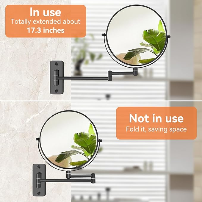 8” Makeup Mirror Wall Mounted, 1X/10X Double-Sided Wall Mount Magnifying Bathroom Mirror with Folding Extendable Arm, 360° Swivel Vanity Shaving Mirror for Bathroom and Makeup, Black (No Light